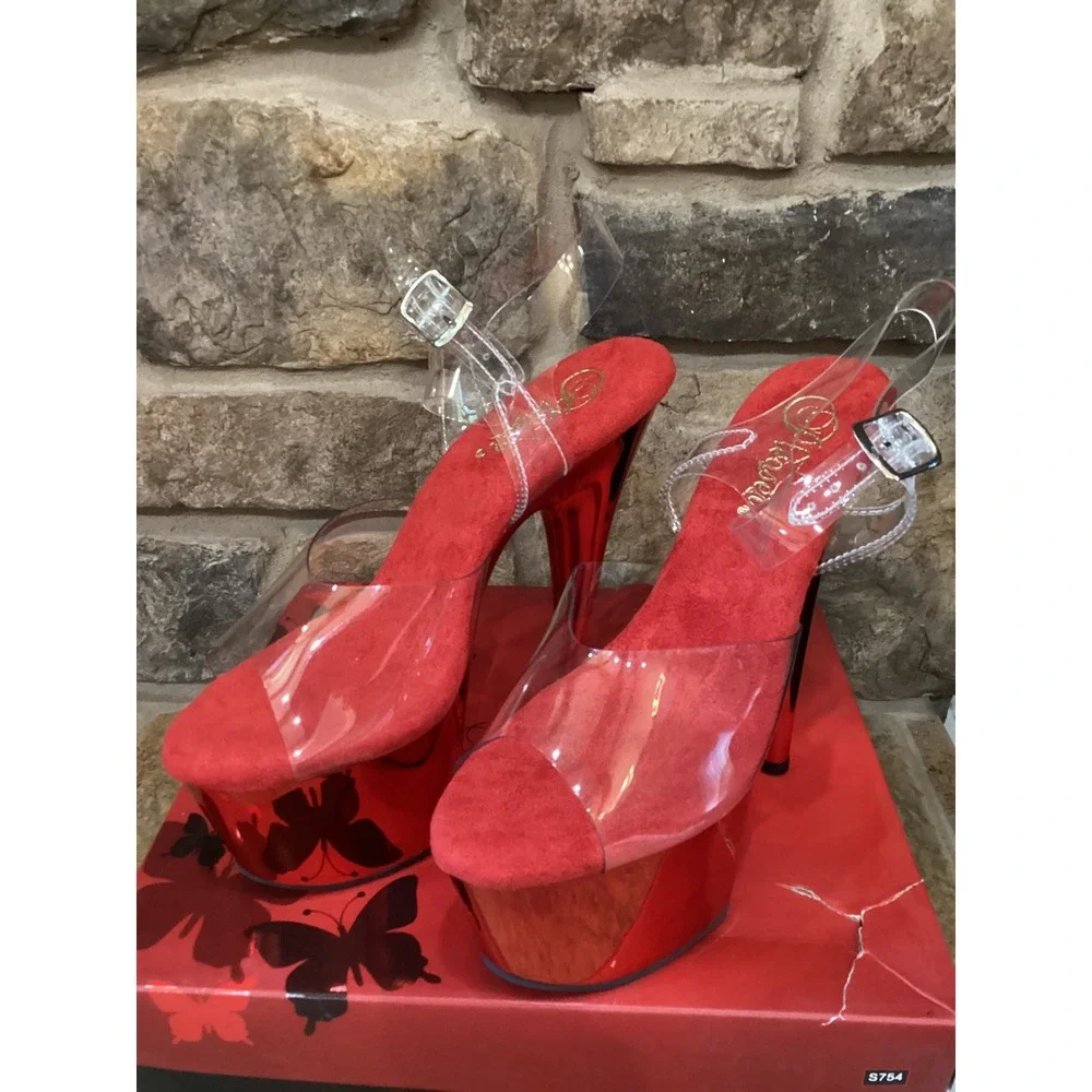 Pleaser Adore-708 Red Chrome Clear Platform Sandals 7 Inch Heels Womens 8 New